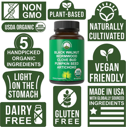 USDA Organic Wormwood Black Walnut Clove Cleanse for Humans. Elimination Detox + Intestinal Support Capsules Supplement for Adults and Kids. Pills with Artichoke and Pumpkin Seed for Added Benefits - PrimeBioHealth - canada supplements