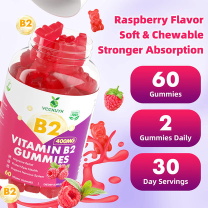 VCCHUYH Vitamin B2 Gummies for Kids & Adults, VIT B2 Riboflavin 400mg Supplement with Magnesium for Migraine Relief & Nervous System Support, Non-GMO - PrimeBioHealth - canada supplements