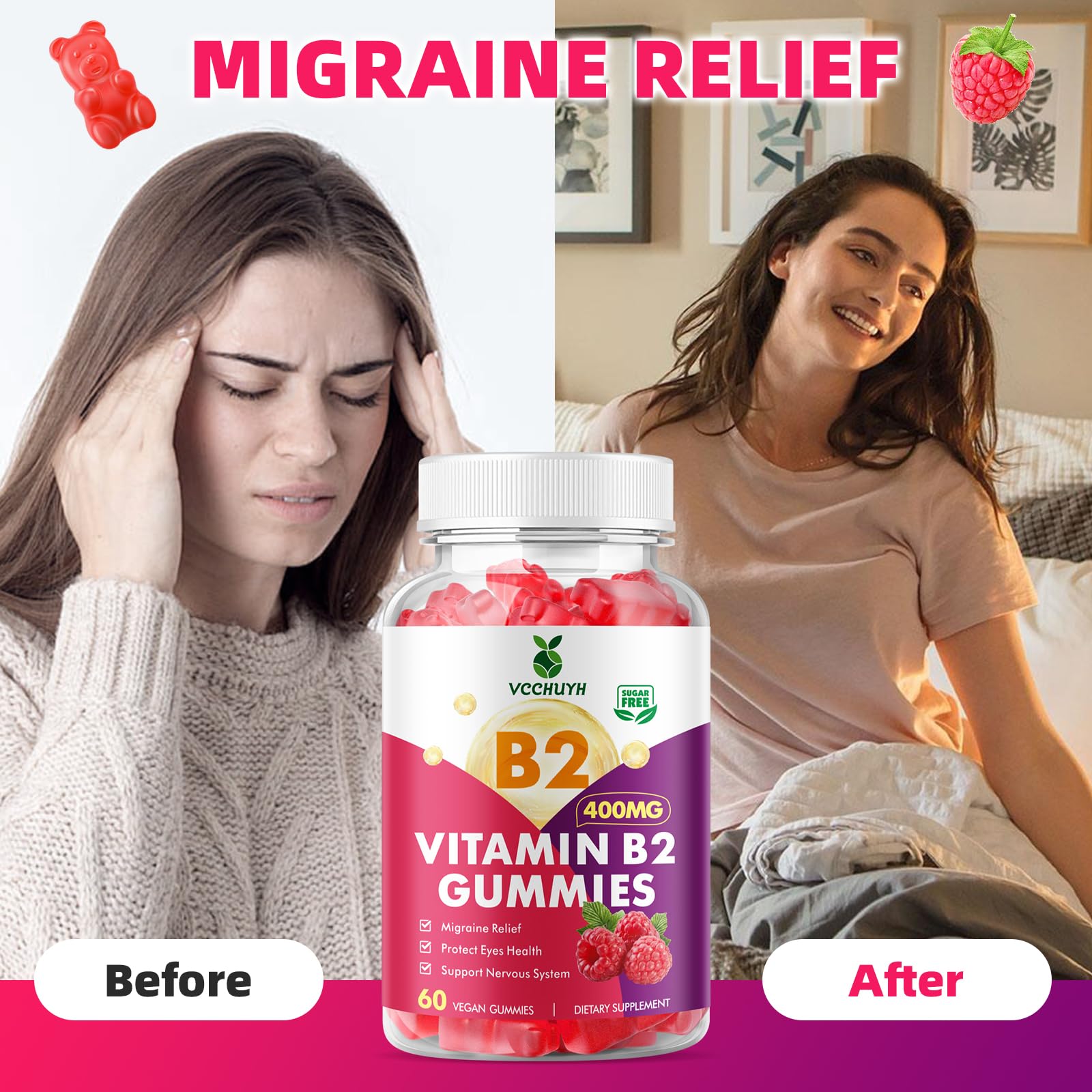 VCCHUYH Vitamin B2 Gummies for Kids & Adults, VIT B2 Riboflavin 400mg Supplement with Magnesium for Migraine Relief & Nervous System Support, Non-GMO - PrimeBioHealth - canada supplements