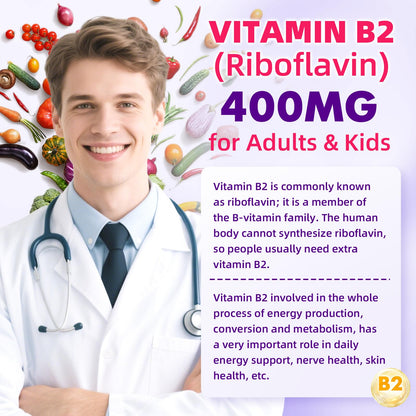VCCHUYH Vitamin B2 Gummies for Kids & Adults, VIT B2 Riboflavin 400mg Supplement with Magnesium for Migraine Relief & Nervous System Support, Non-GMO - PrimeBioHealth - canada supplements