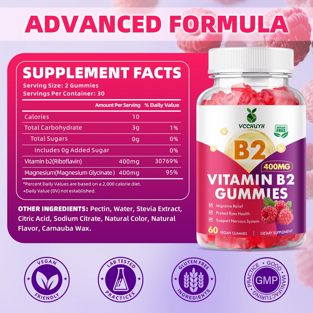 VCCHUYH Vitamin B2 Gummies for Kids & Adults, VIT B2 Riboflavin 400mg Supplement with Magnesium for Migraine Relief & Nervous System Support, Non-GMO - PrimeBioHealth - canada supplements