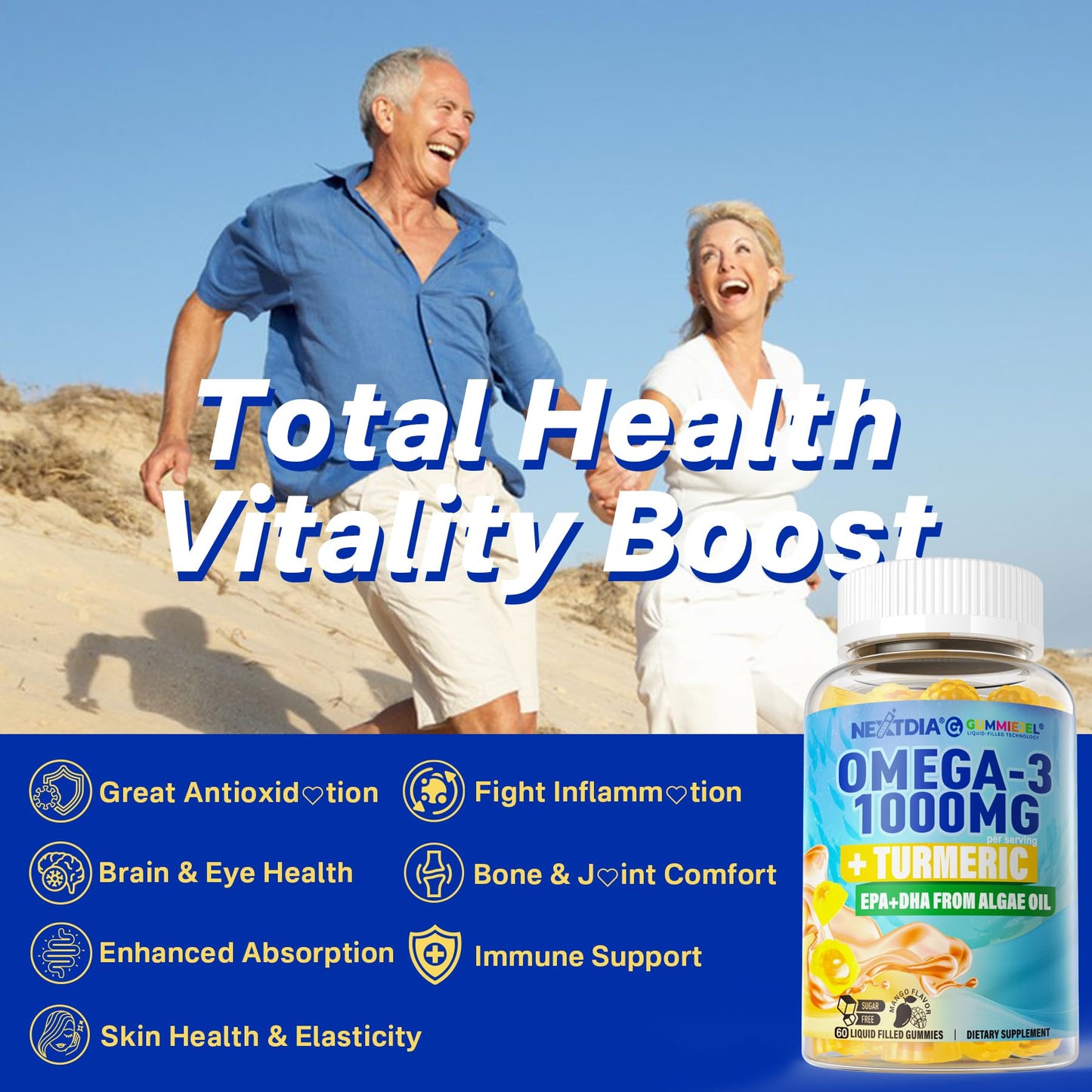 Vegan Omega-3 Gummies 1000mg + Turmeric - Omega 3 Fish Oil Alternative for Adults - Algae DHA 600mg & EPA 300mg - PrimeBioHealth - canada supplements