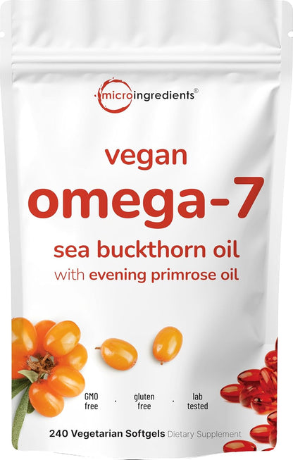 Vegan Omega-7 Sea Buckthorn Oil, 240 Vegetarian Softgels | 2-in-1 with Evening Primrose Oil | Plant Based Botanical Oil Blend | Non-GMO, Gluten, & Carrageenan Free - PrimeBioHealth - canada supplements