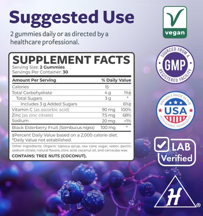 Vegan Sambucus Elderberry Gummies for Adults - Black Elderberry Vitamin C and Zinc Gummies for Daily and Seasonal Wellness - Delicious and Nutritious Immune Support Gummy (1 Month Supply) - PrimeBioHealth - canada supplements