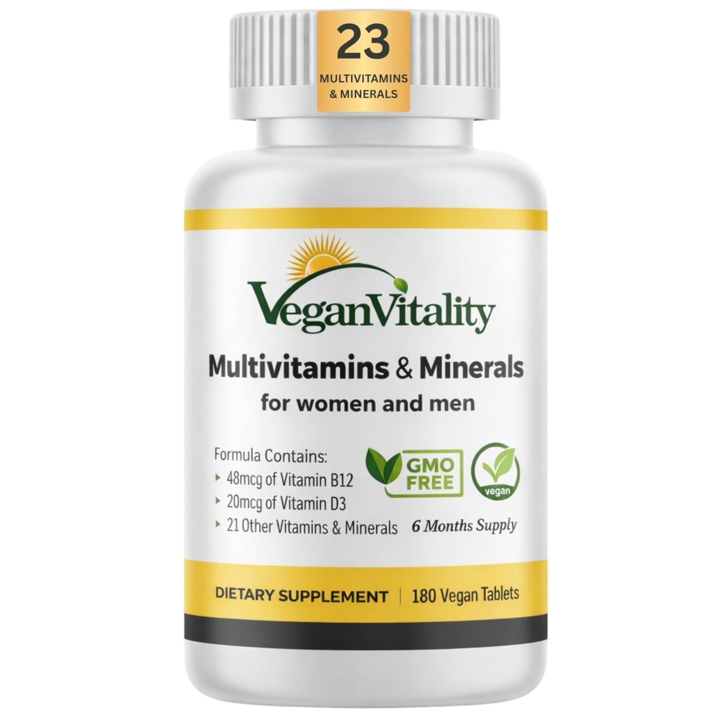 Vegan Vitality Multivitamins & Minerals for Women and Men with High Strength Vitamin B12, D3 & K2. 180 Vegan Multivitamin Tablets - 6 Months Supply - PrimeBioHealth - canada supplements