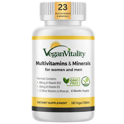 Vegan Vitality Multivitamins & Minerals for Women and Men with High Strength Vitamin B12, D3 & K2. 180 Vegan Multivitamin Tablets - 6 Months Supply - PrimeBioHealth - canada supplements