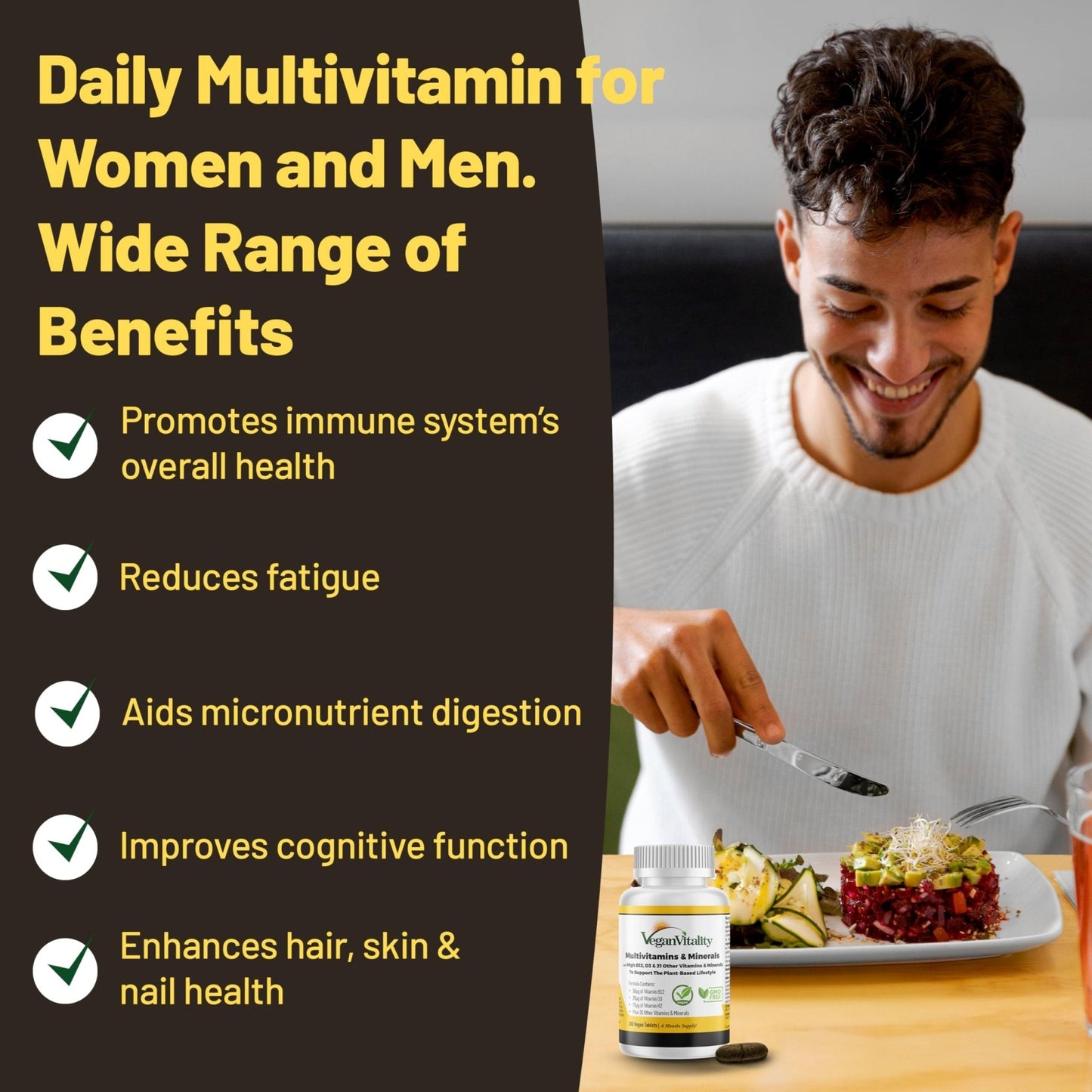 Vegan Vitality Multivitamins & Minerals for Women and Men with High Strength Vitamin B12, D3 & K2. 180 Vegan Multivitamin Tablets - 6 Months Supply - PrimeBioHealth - canada supplements