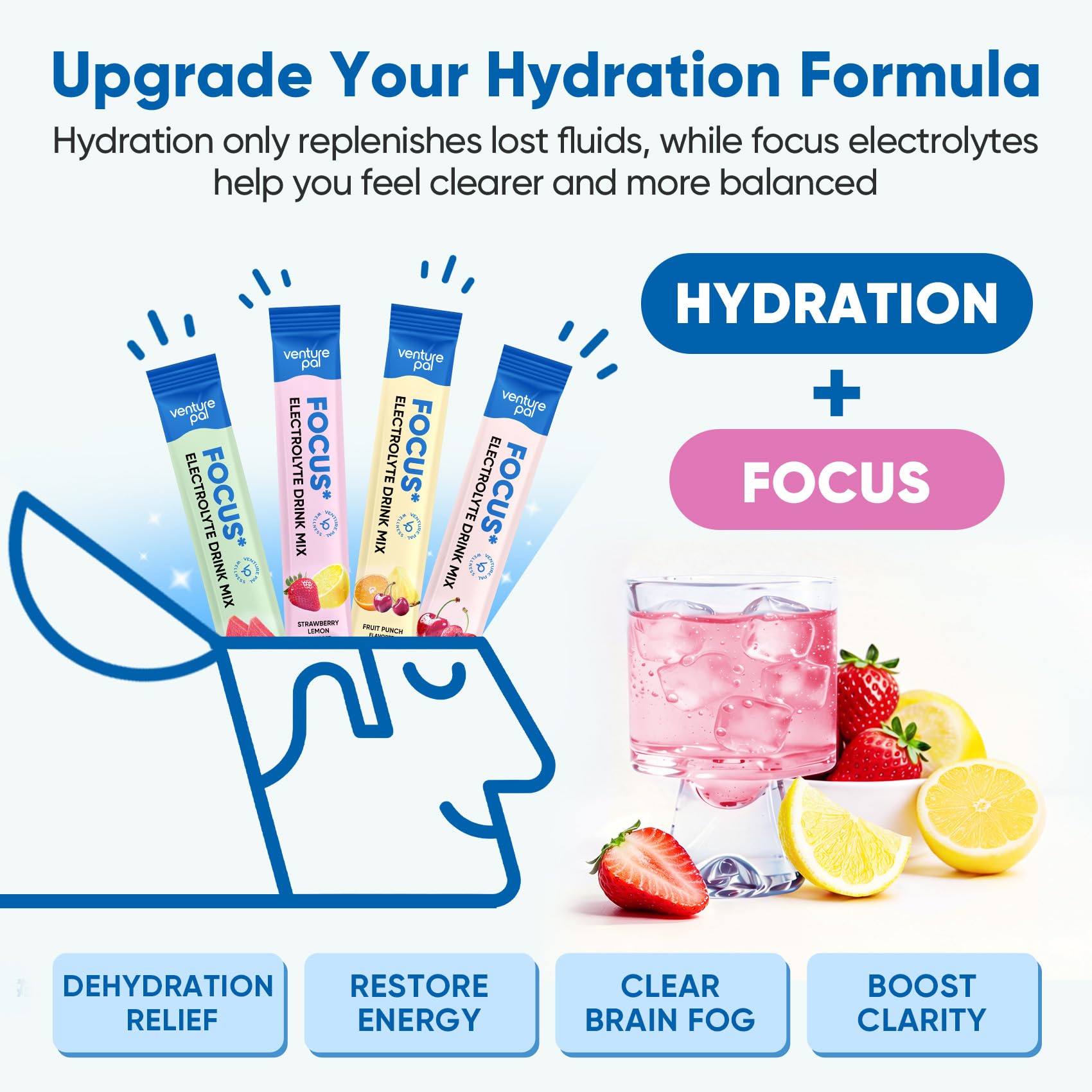 Venture Pal 2-in-1 Hydration Packets + Focus Support Electrolytes Powder, 7 Electrolytes + Vitamins, Magnesium, Lion's Mane & L-Theanine - PrimeBioHealth - canada supplements