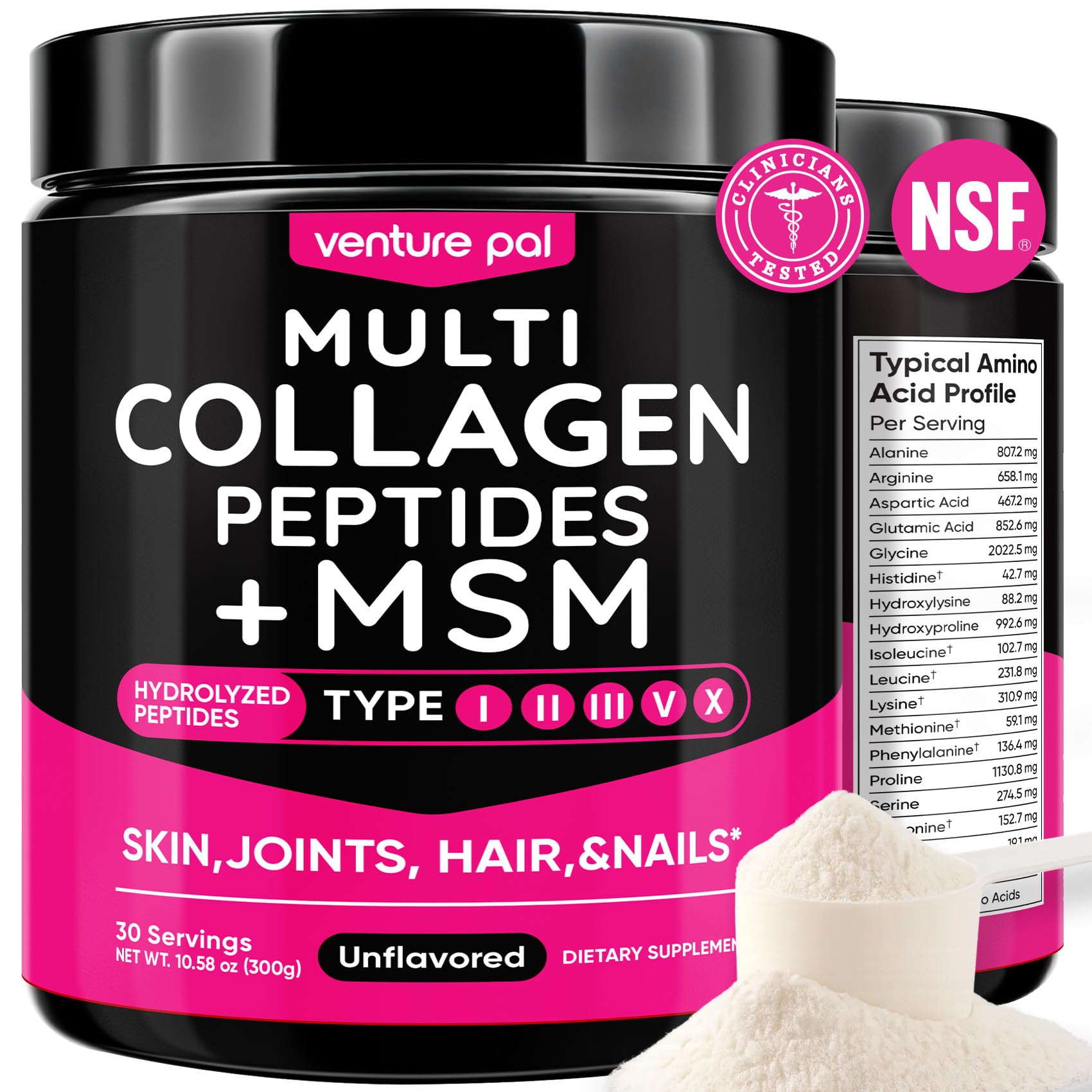 Venture Pal Multi Collagen Powder Type I, II, III, V, X – Hydrolyzed Collagen Peptides MSM, GC, Hyaluronic Acid Vitamin C | Collagen Supplement for Women - PrimeBioHealth - canada supplements