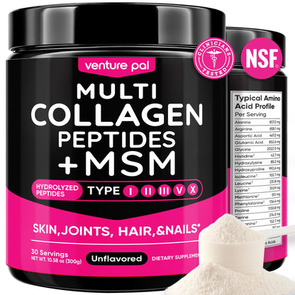 Venture Pal Multi Collagen Powder Type I, II, III, V, X – Hydrolyzed Collagen Peptides MSM, GC, Hyaluronic Acid Vitamin C | Collagen Supplement for Women - PrimeBioHealth - canada supplements