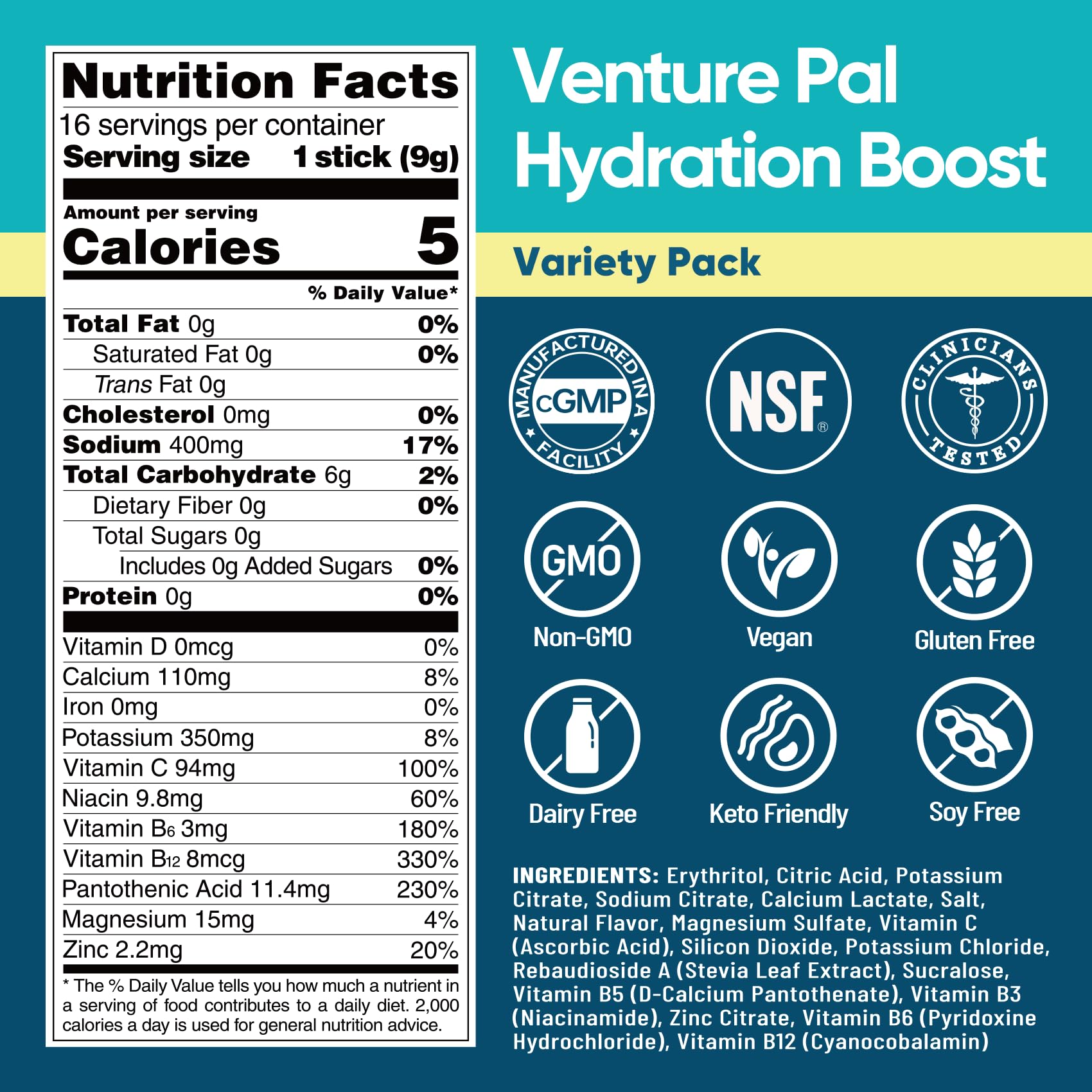 Venture Pal Sugar Free Electrolyte Powder Packets - Liquid Daily IV Hydration Packets for Rapid Rehydration | 7 Electrolytes & 5 Vitamins | Keto Friendly - PrimeBioHealth - canada supplements