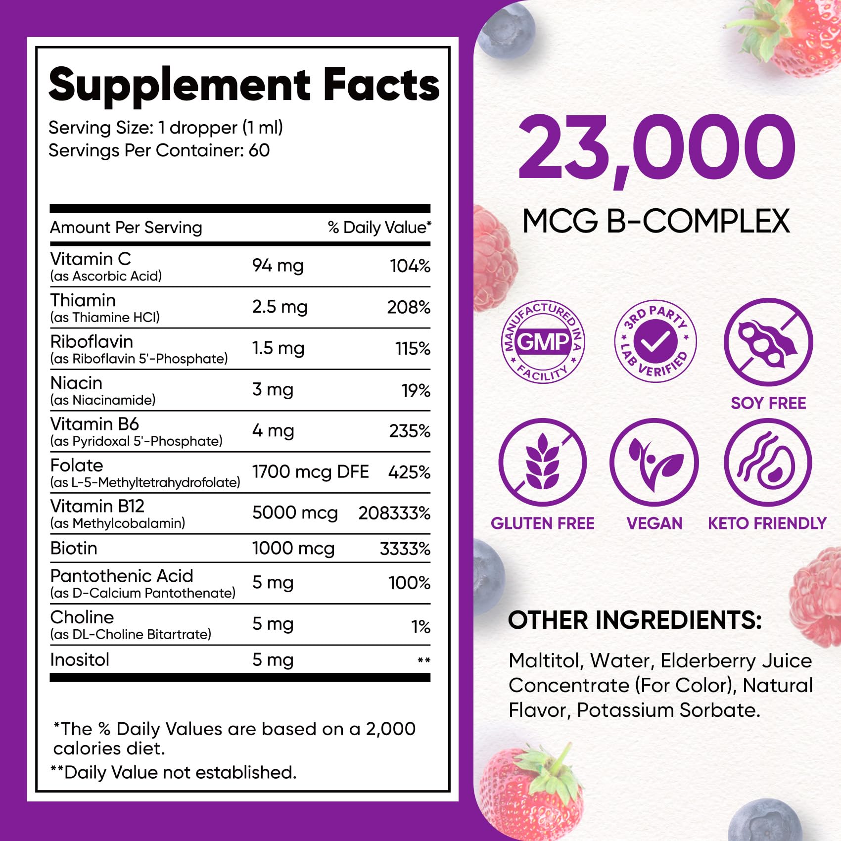 Venture Pal Vitamin B Complex Liquid Drops, B12 Methylcobalamin | B9 Folic | B1,B2,B3,B5,B6,B16 - Vitamin C, Choline, Inositol - PrimeBioHealth - canada supplements