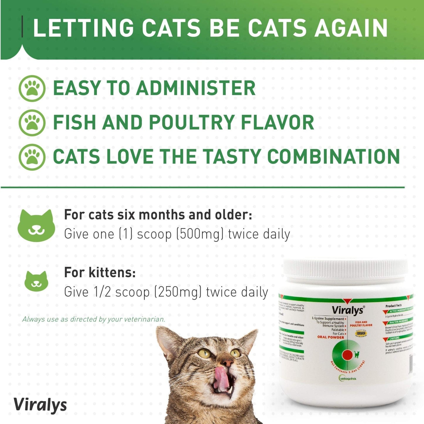 Vetoquinol Viralys Daily L-Lysine Powder for Cats and Kittens, Fish Flavored Lysine Supplement for Cats and Kittens to Support Immune Health - PrimeBioHealth - canada supplements