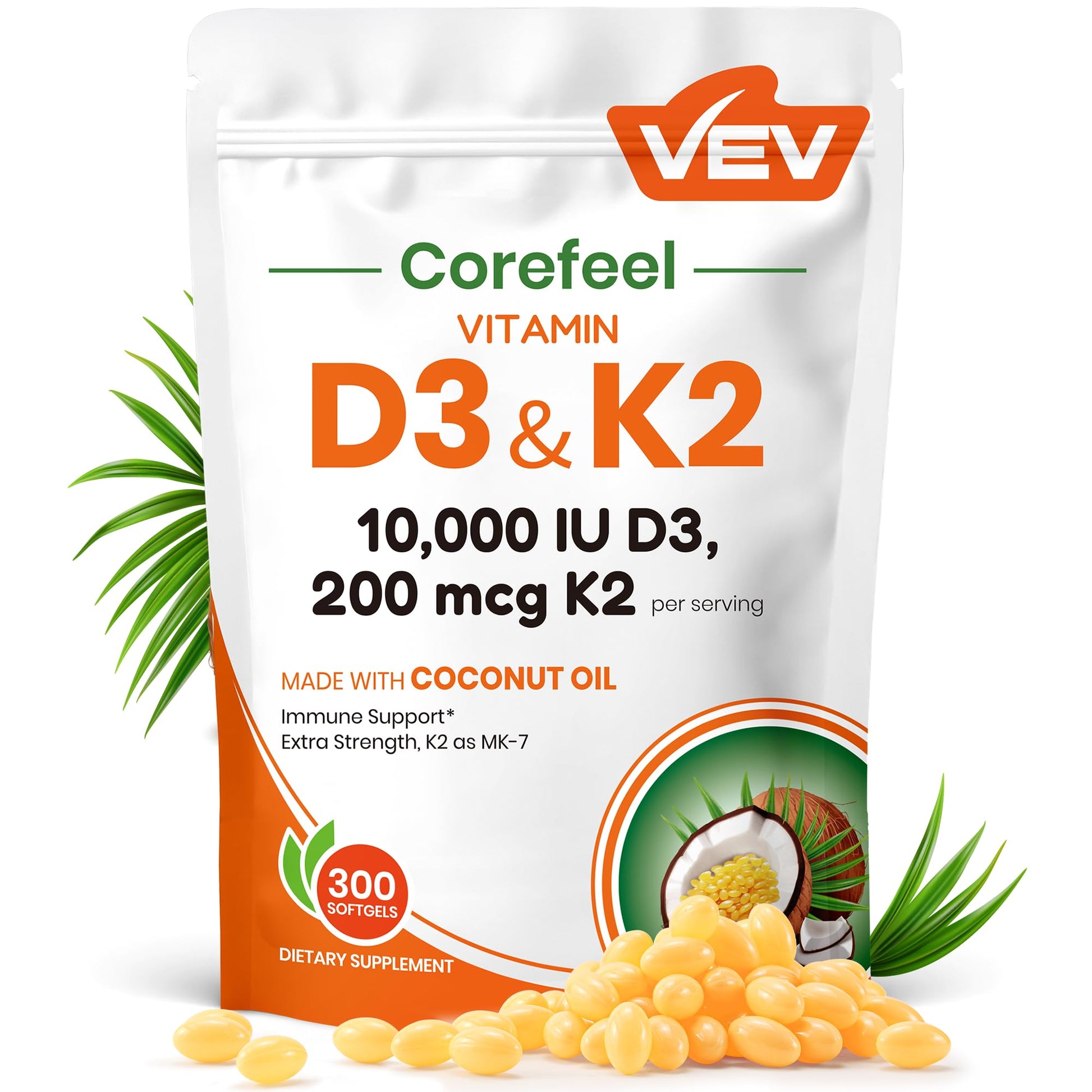 VEV Corefeel Vitamin D3 K2 10,000 IU, 200 mcg MK-7, 300 Coconut Oil Softgels, 2 in 1 Vitamins Supplement D & K (Include MK7), Easy to Swallow - PrimeBioHealth - canada supplements