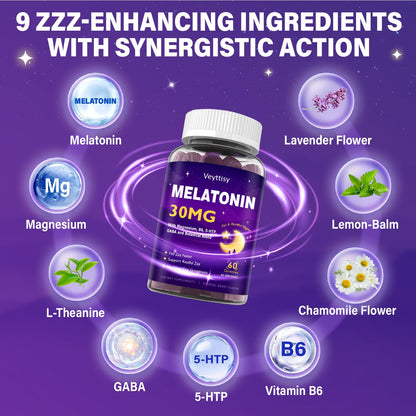 Veyttisy Melatonin 30mg Gummies for Adults - Sugar Free Melatonin Gummies Maximum Strength with Magnesium, B6, GABA & Botanical Blend - Non-Habit Forming,Vegan - PrimeBioHealth - canada supplements