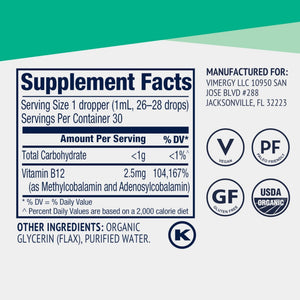Vimergy USDA Organic Liquid Vitamin B12 Supplement 2500 mcg, Methylcobalamin & Adenosylcobalamin Fast-Absorbing Energy Support, Vegan, Non-GMO B12 Vitamins - PrimeBioHealth - canada supplements