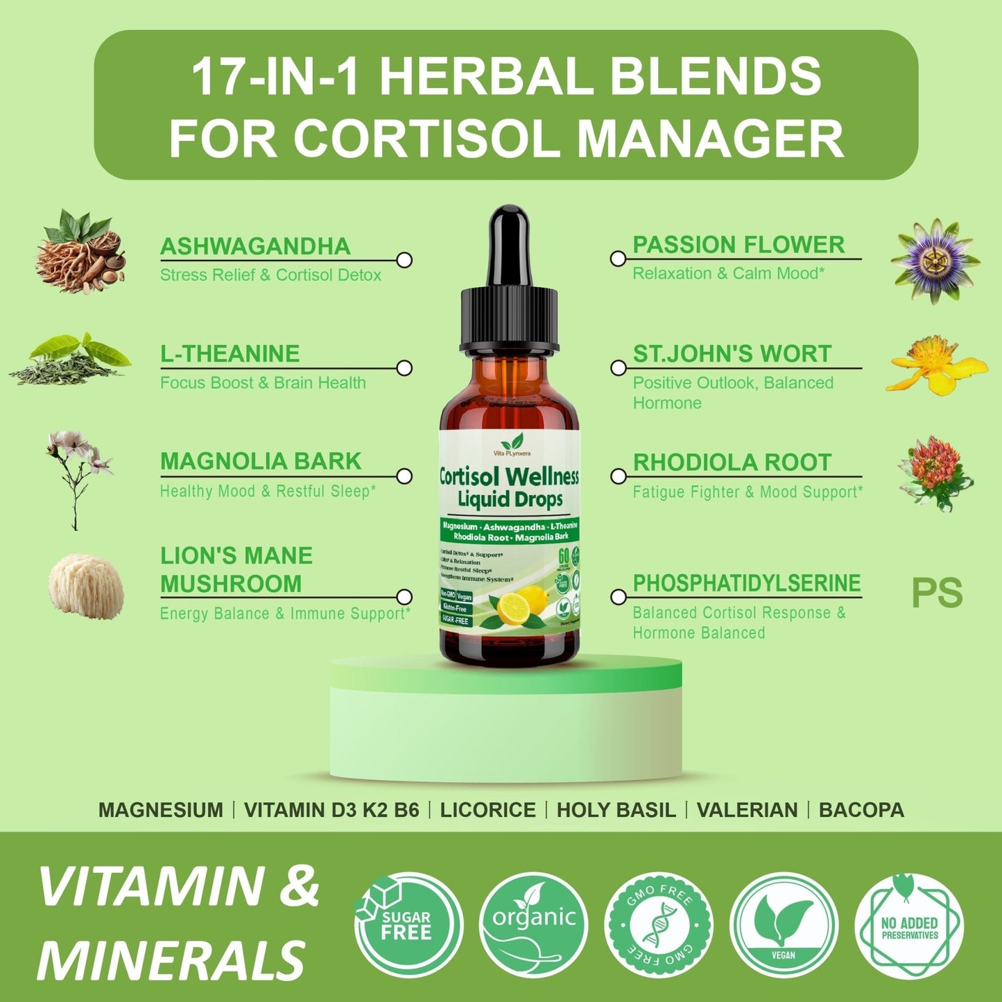 Vita PLynxera Cortisol Supplement Liquid Drops, 17-in-1 Cortisol Detox w. Magnesium Glycinate 400mg Ashwagandha, L-Theanine, Phosphatidylserine, Hormone Balanced - PrimeBioHealth - canada supplements