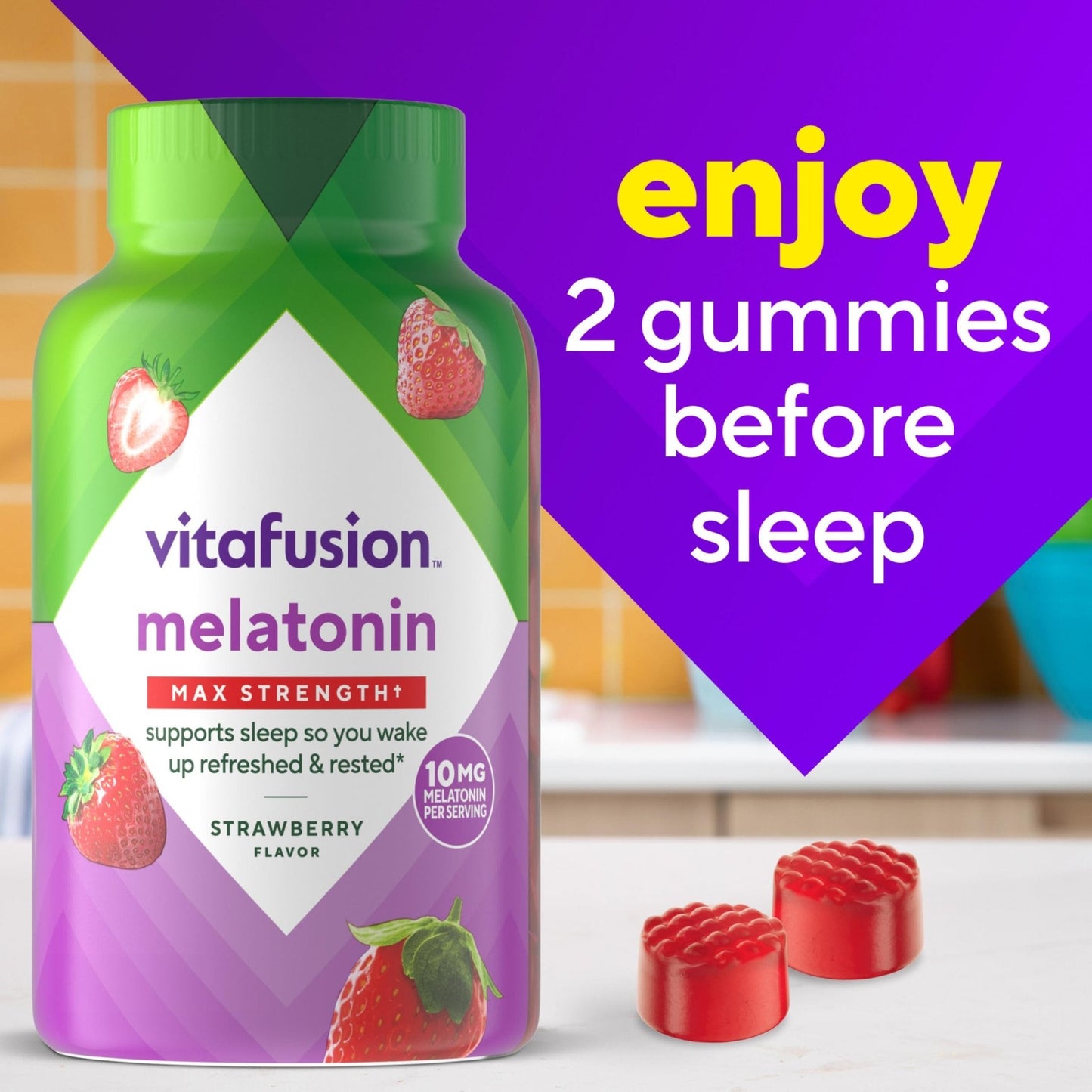 vitafusion Max Strength 10 mg Melatonin Gummies, Strawberry Flavored, Adult Melatonin Gummy Vitamin Supplement, 100 Count, 50 Day Supply - PrimeBioHealth - canada supplements
