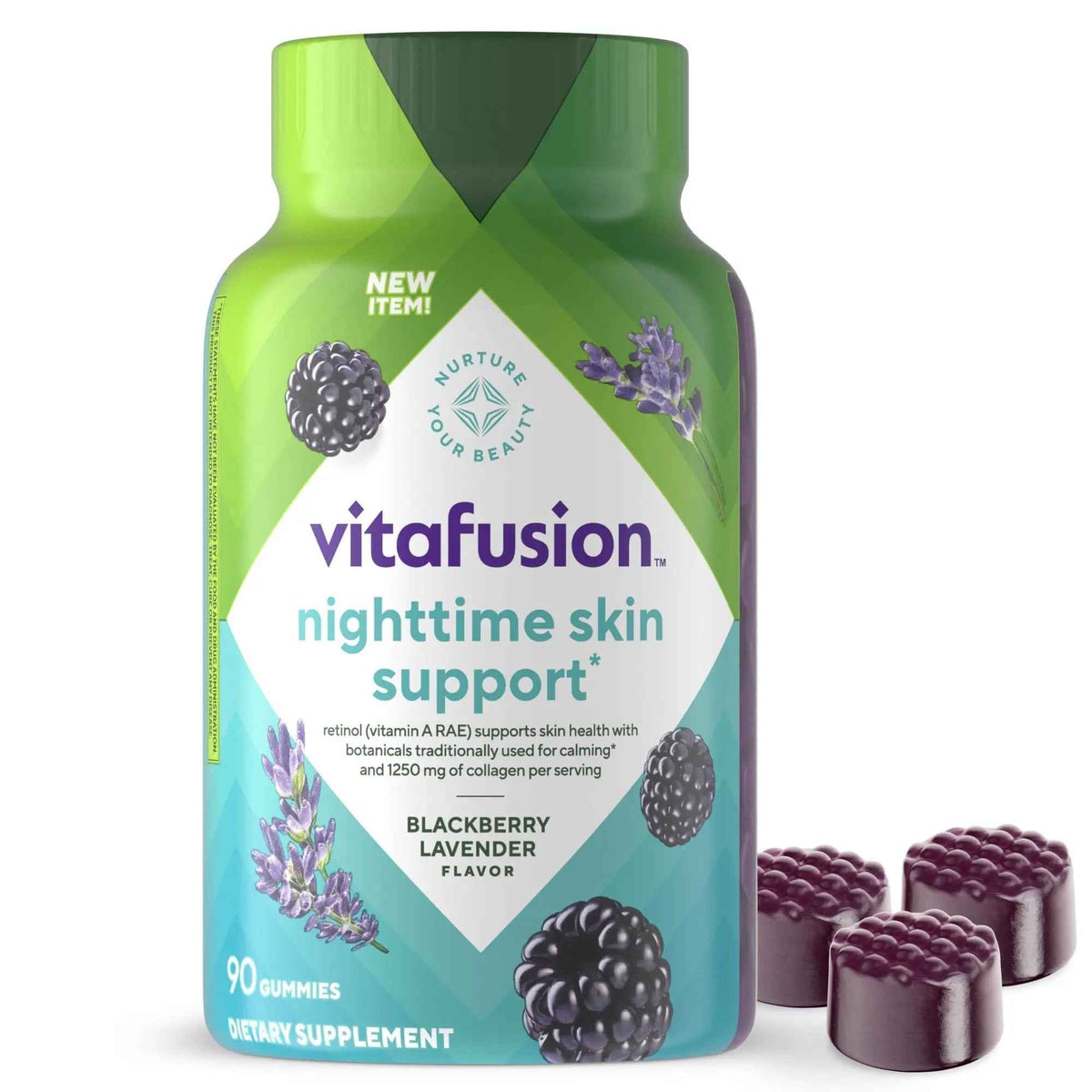 vitafusion Nighttime Skin Support (1), Beauty Supplement with Retinol (Vitamin A RAE), Collagen & Bedtime Botanicals