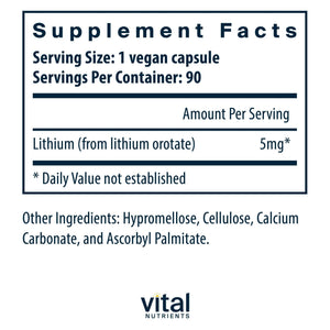 Vital Nutrients Lithium Orotate - Vegan Lithium Supplements for Memory, State of Mind, and Behavioral Health*- 5mg - Gluten, Dairy, Soy Free - 90 Capsules - PrimeBioHealth - canada supplements