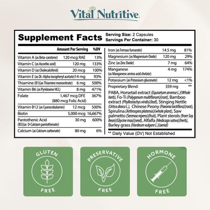 VITAL NUTRITIVE Vital Hair Complex – Biotin & Vitamin B Hair Vitamins for Women & Men – Supports Healthy Hair, Skin & Nails – Hormone-Free, Gluten-Free - PrimeBioHealth - canada supplements