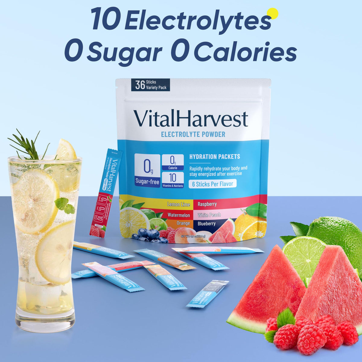VitalHarvest 36 Sticks Electrolytes Powder Packets 6 Flavors Sugar Free Hydration Packets Electrolyte Liquid Daily IV Drink Mix with Lemon Lime, Watermelon, Orange - PrimeBioHealth - canada supplements