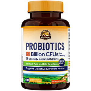 Vitalitown Probiotics + Prebiotics | 60 Billion CFUs 19 Strains | 60 Delayed Release Veg Caps | Shelf Stable, Prebiotics and Probiotics | Digestive Health - PrimeBioHealth - canada supplements