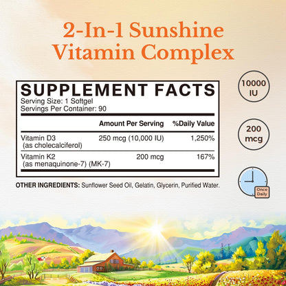 Vitalitown Vitamin D3 K2 Supplement, Vitamin D3 10000 IU Vitamin K2 (MK7) 200 mcg, 90 Softgels, Non-GMO, No Gluten & Soy - PrimeBioHealth - canada supplements