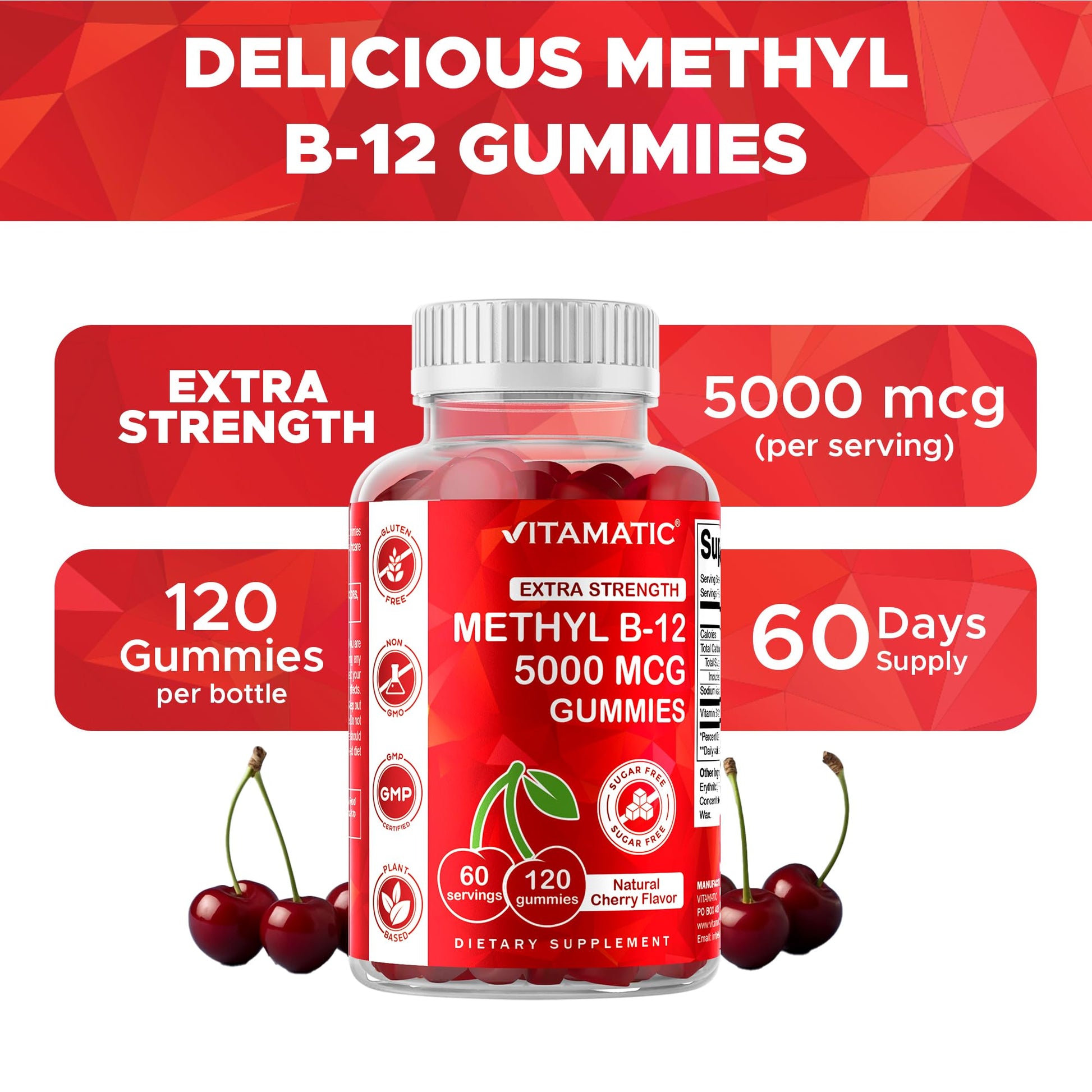 Vitamatic Extra Strength Vitamin B12 5000 mcg (Methyl B12) Gummies - 120 Count - Energy Metabolism Support and Nervous - PrimeBioHealth - canada supplements