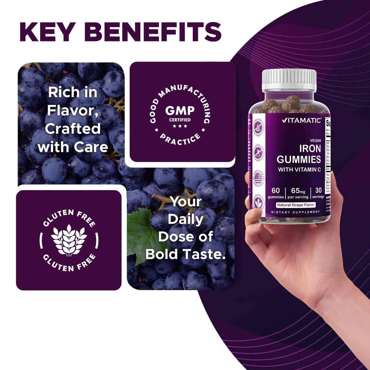 Vitamatic Iron 65 mg Gummies Supplement for Women & Men - 60 Vegan Gummies - Great Tasting Iron Gummy Vitamins with Vitamin C (1) - PrimeBioHealth - canada supplements