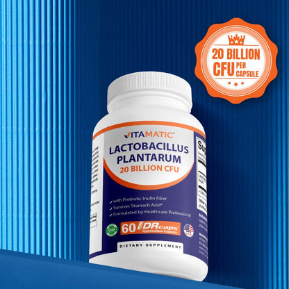 Vitamatic Lactobacillus Plantarum - 20 Billion per DR Capsule - 60 Count - Digestive Support - Made with Prebiotic Inulin Fiber - PrimeBioHealth - canada supplements