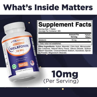 Vitamatic Melatonin 10 mg Fast Dissolve Tablets – Quick-Dissolving Sleep Support Supplement for Adults – Vegetarian, Non-GMO & Gluten-Free - PrimeBioHealth - canada supplements