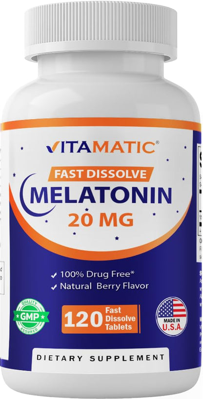 Vitamatic Melatonin 20mg for Sleep Support | Vegetarian, Non-GMO, Gluten Free | HIGH Potency 20 MG | Natural Berry Flavor 120 - PrimeBioHealth - canada supplements