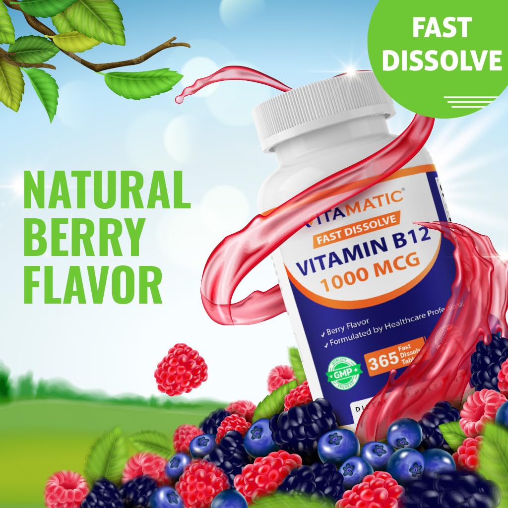 Vitamatic Vitamin B12 1000 mcg Fast Dissolve – 365 Tablets – Natural Berry Flavor – Supports Energy Metabolism - PrimeBioHealth - canada supplements