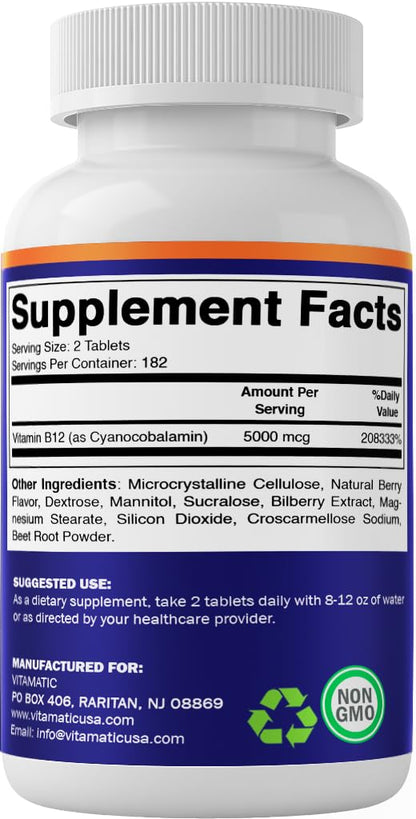 Vitamatic Vitamin B12 5000 mcg – 365 Fast Dissolve Tablets Berry Flavor – Supports Energy Production & Nervous System Health - PrimeBioHealth - canada supplements