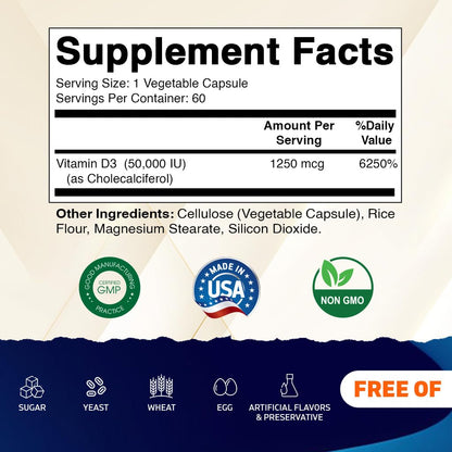 Vitamatic Vitamin D3 50,000 IU (as Cholecalciferol), Once Weekly Dose, 1250 mcg, 60 Veggie Capsules 1 Year Supply, Progressive Formula Helping - PrimeBioHealth - canada supplements