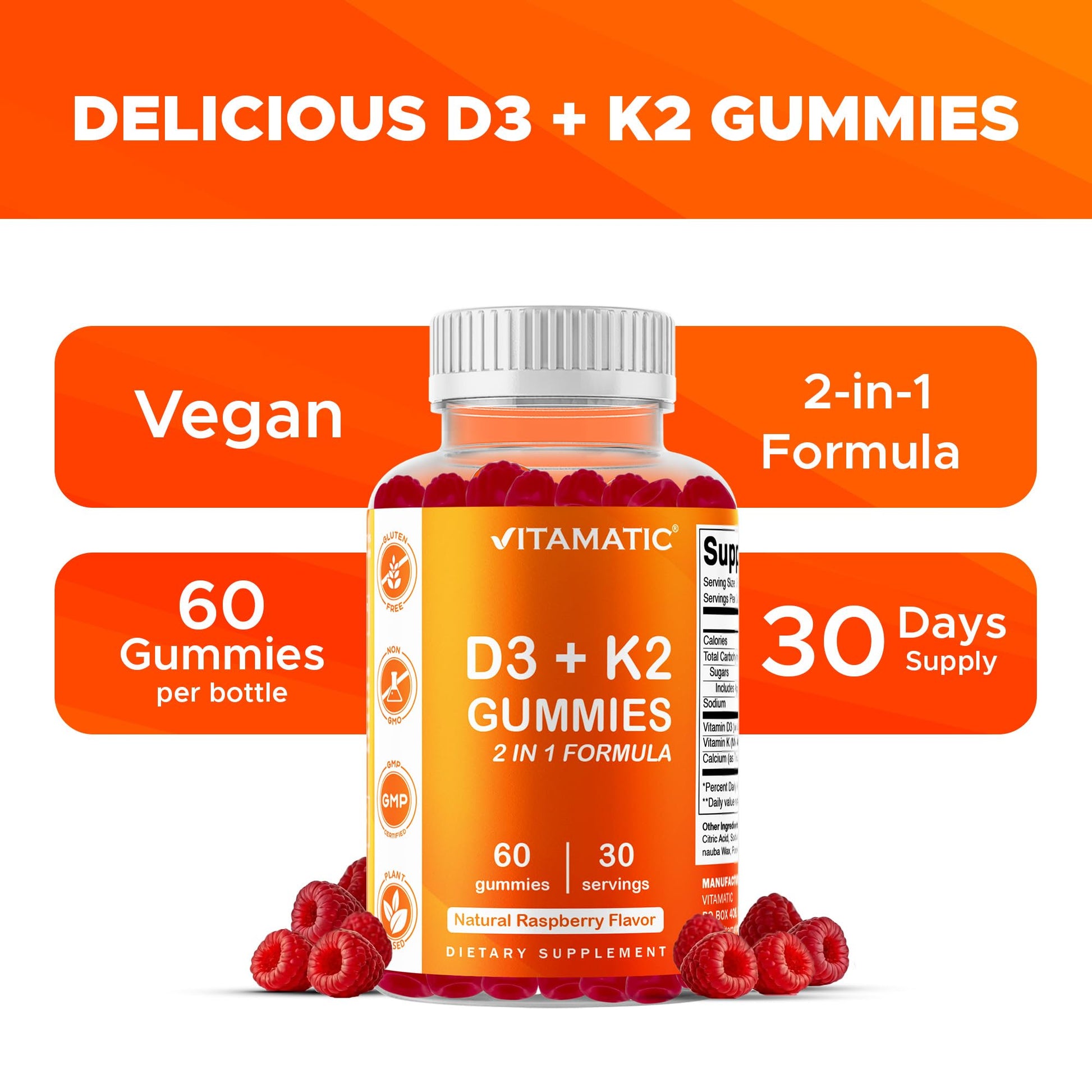 Vitamatic Vitamin D3 & K2 Gummies (2-Pack, 60 Count) Supports Healthy Bones, Heart Health, Calcium Absorption, - PrimeBioHealth - canada supplements