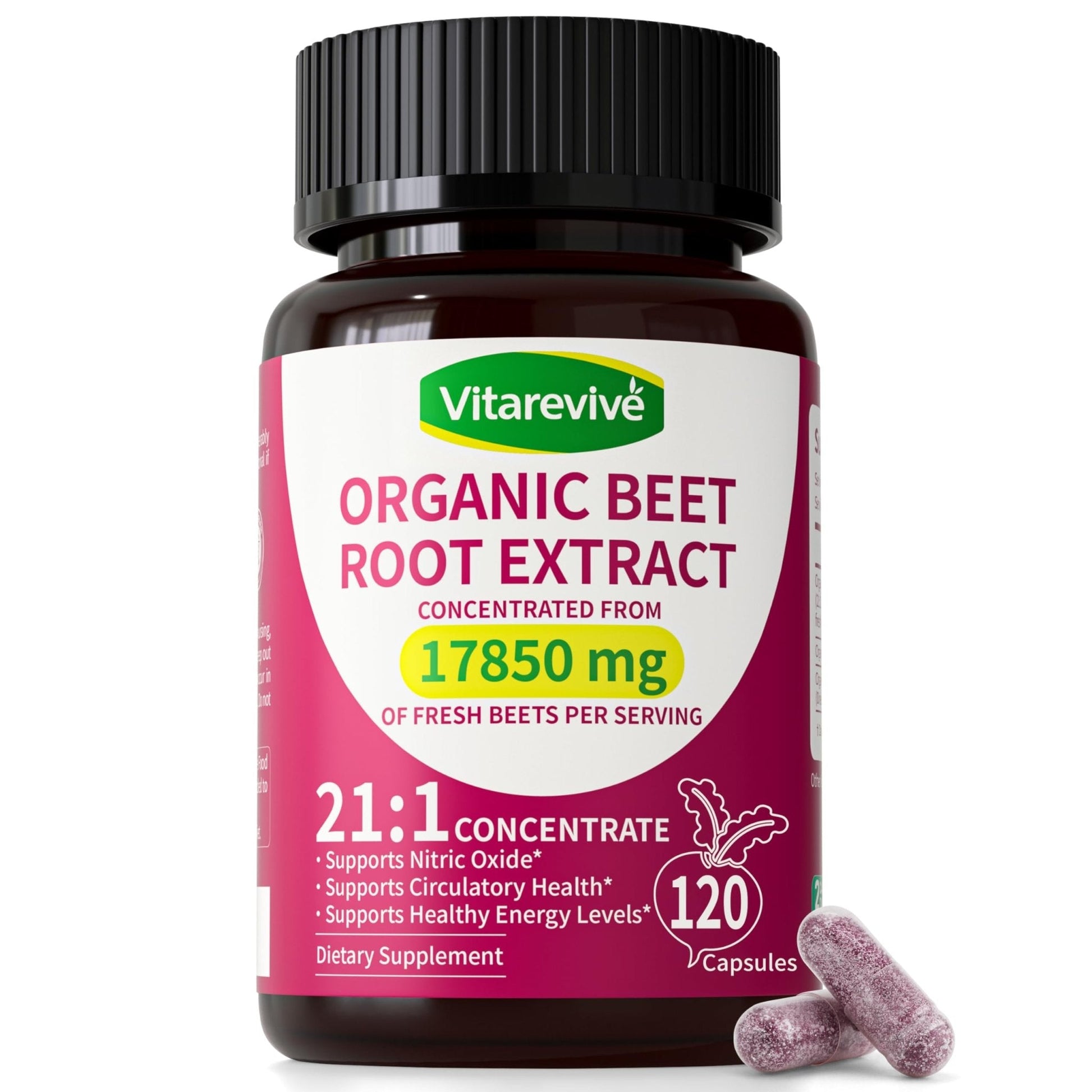 Vitarevive Organic Beet Root Capsules with Beetroot Extract 17850mg 21:1 Concentrated Beetroot Supplement Supports Circulation and Nitric Oxide - PrimeBioHealth - canada supplements
