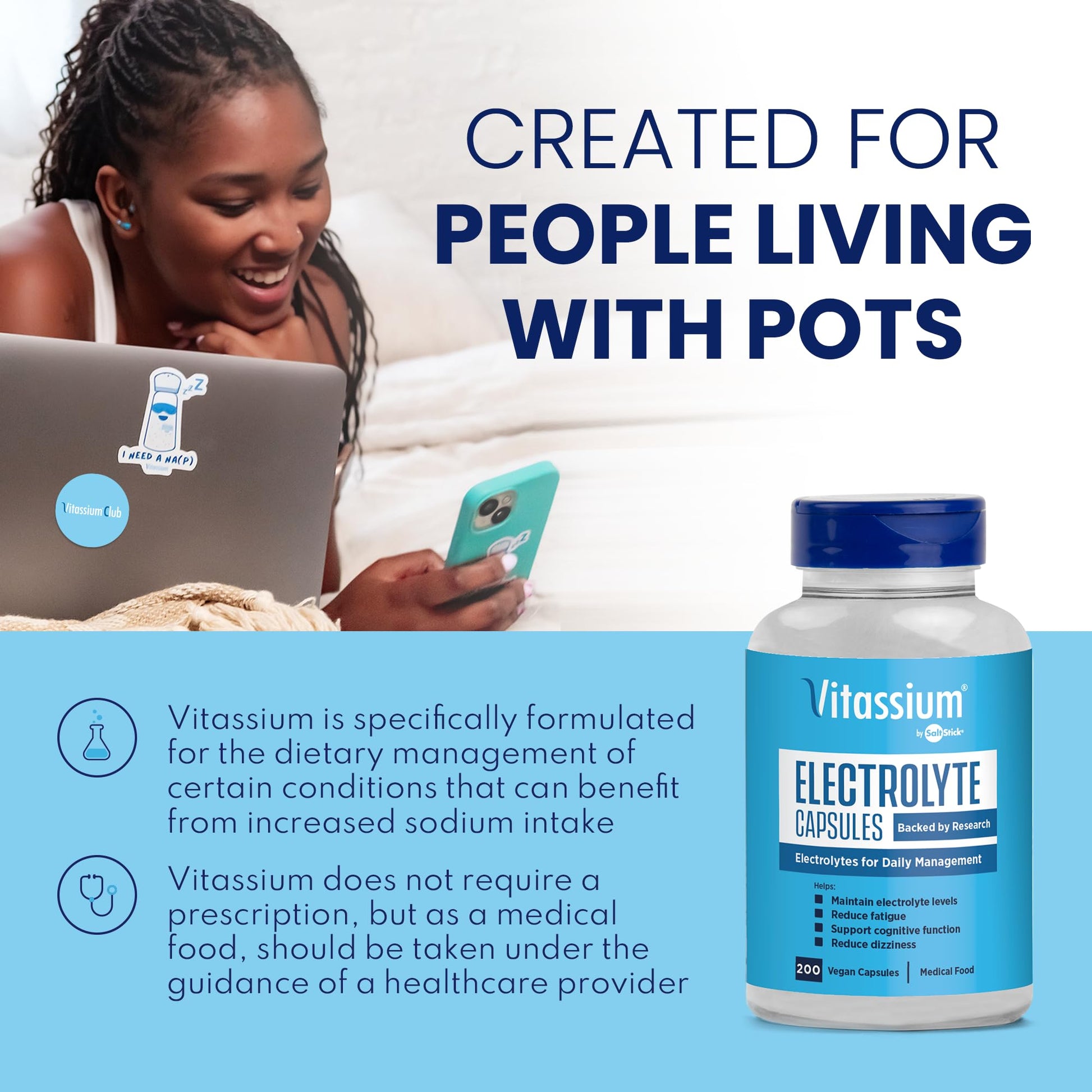 Vitassium Electrolyte Capsules, Electrolytes for The Management of POTS and High Sodium Diets (500mg Sodium - 100mg Potassium) - PrimeBioHealth - canada supplements