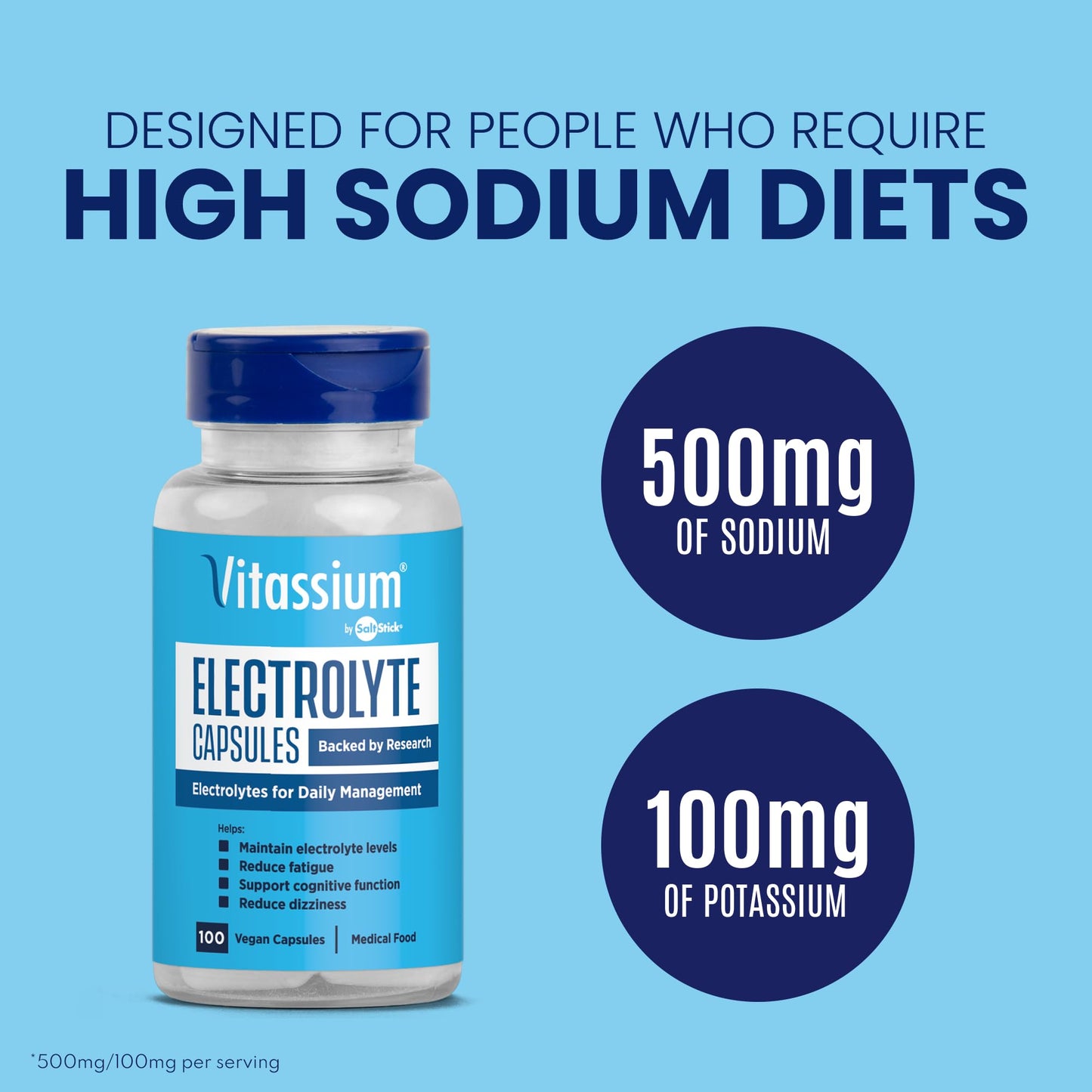Vitassium Electrolyte Capsules, Electrolytes for The Management of POTS and High Sodium Diets (500mg Sodium - 100mg Potassium) - PrimeBioHealth - canada supplements