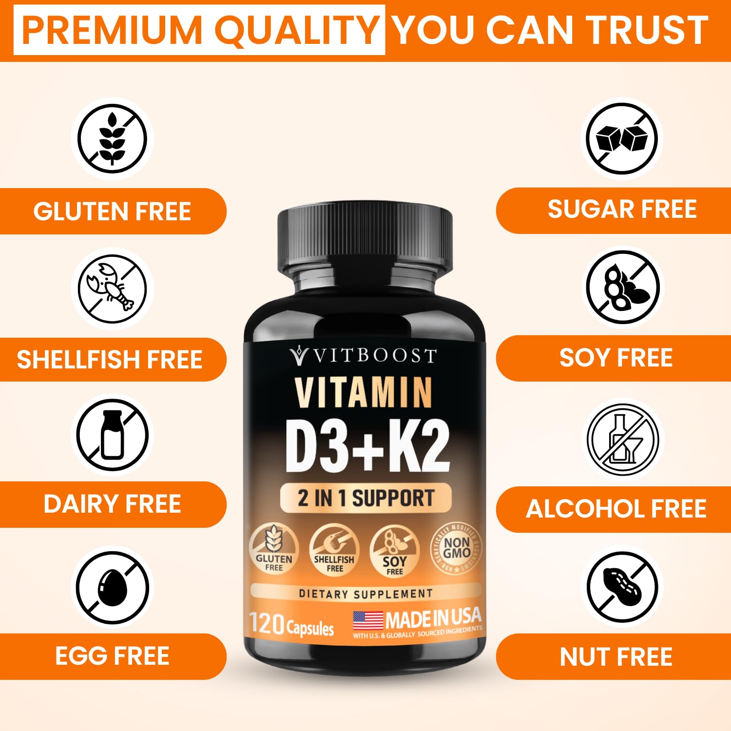 VITBOOST Vitamin D3 K2 Complex - Easy to Swallow - Vitamin D (D3) 5000 IU (125 mcg) & K2(MK-7) 90 mcg | Non-GMO | Gluten-Free - PrimeBioHealth - canada supplements