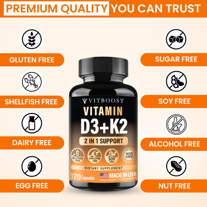 VITBOOST Vitamin D3 K2 Complex - Easy to Swallow - Vitamin D (D3) 5000 IU (125 mcg) & K2(MK-7) 90 mcg | Non-GMO | Gluten-Free - PrimeBioHealth - canada supplements