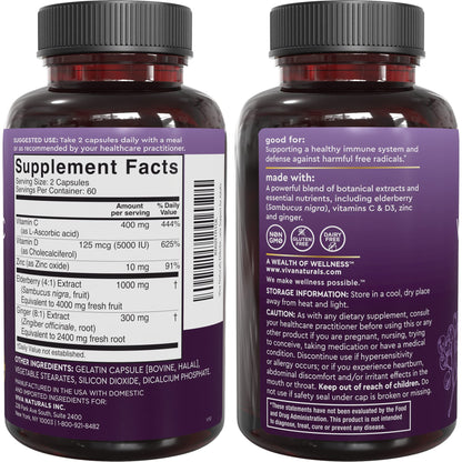 Viva Naturals Elderberry with Vitamin C and Zinc for Adults - 5 in 1 Sambucus Black Elderberry Capsules with Vitamin D3 5000 IU Immunity Supplement - PrimeBioHealth - canada supplements