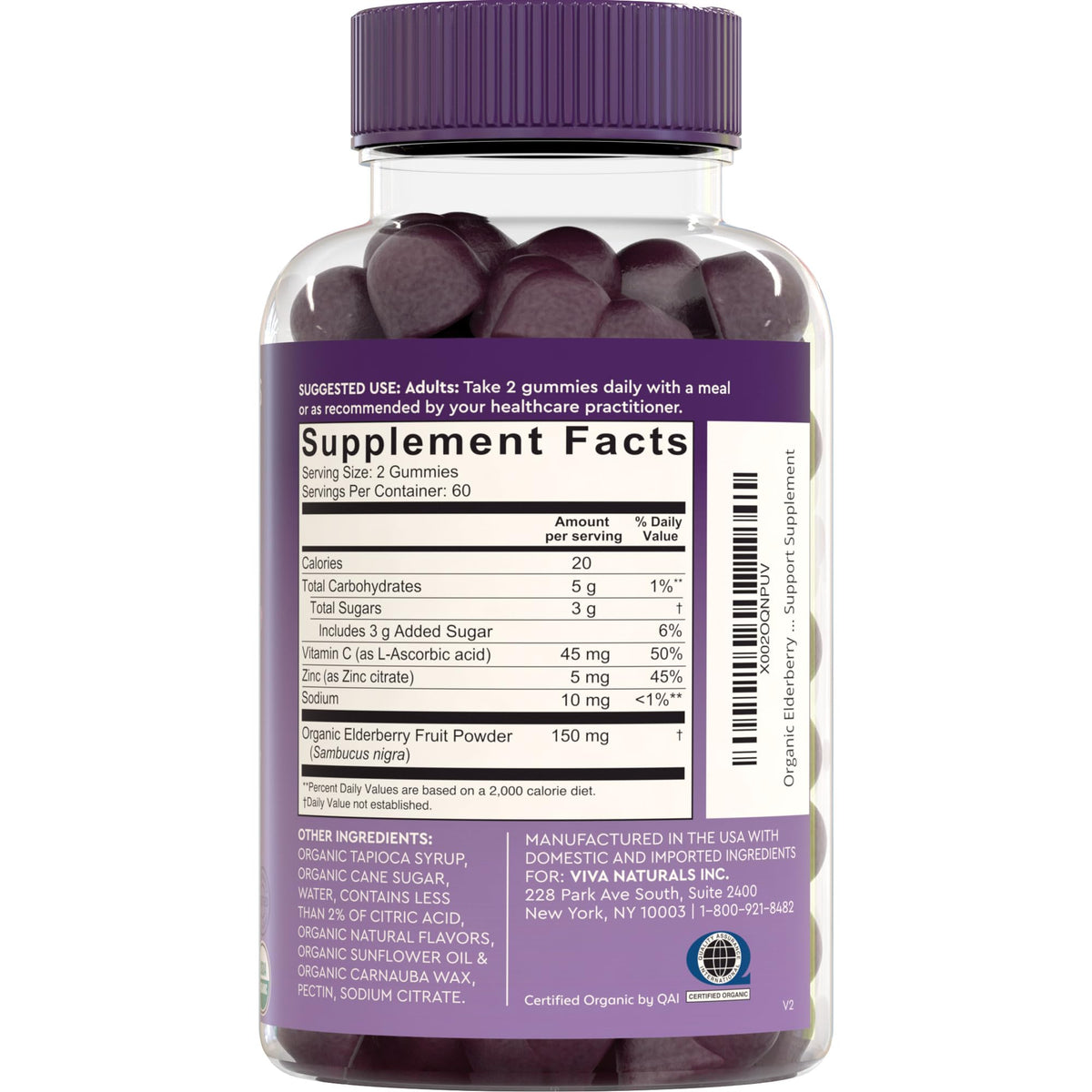 Viva Naturals Sambucus Elderberry Gummies for Adults - 150mg Black Elderberry Vitamin C and Zinc, 3-in-1 Daily Immune Support Gummies, Raspberry Rush Flavor - PrimeBioHealth - canada supplements