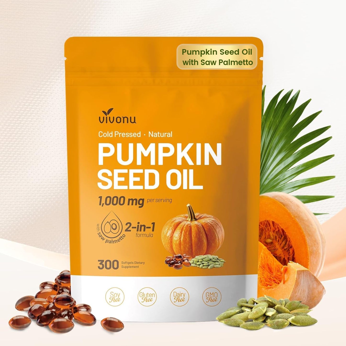VivoNu Pumpkin Seed Oil with Saw Palmetto Capsules | Cold Pressed, Pure Virgin Oil, Essential Fatty Acids & Phytosterols | 300 SoftgelsSupports Hair, Urinary - PrimeBioHealth - canada supplements