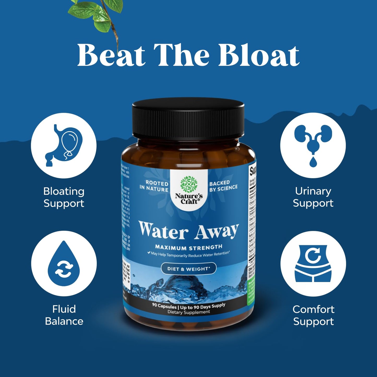 Water Away Herbal Diuretic Pills High Strength - Fluid Retention Supplement with Dandelion Leaf Extract & Green Tea for Bloating Relief for Women & Men - PrimeBioHealth - canada supplements