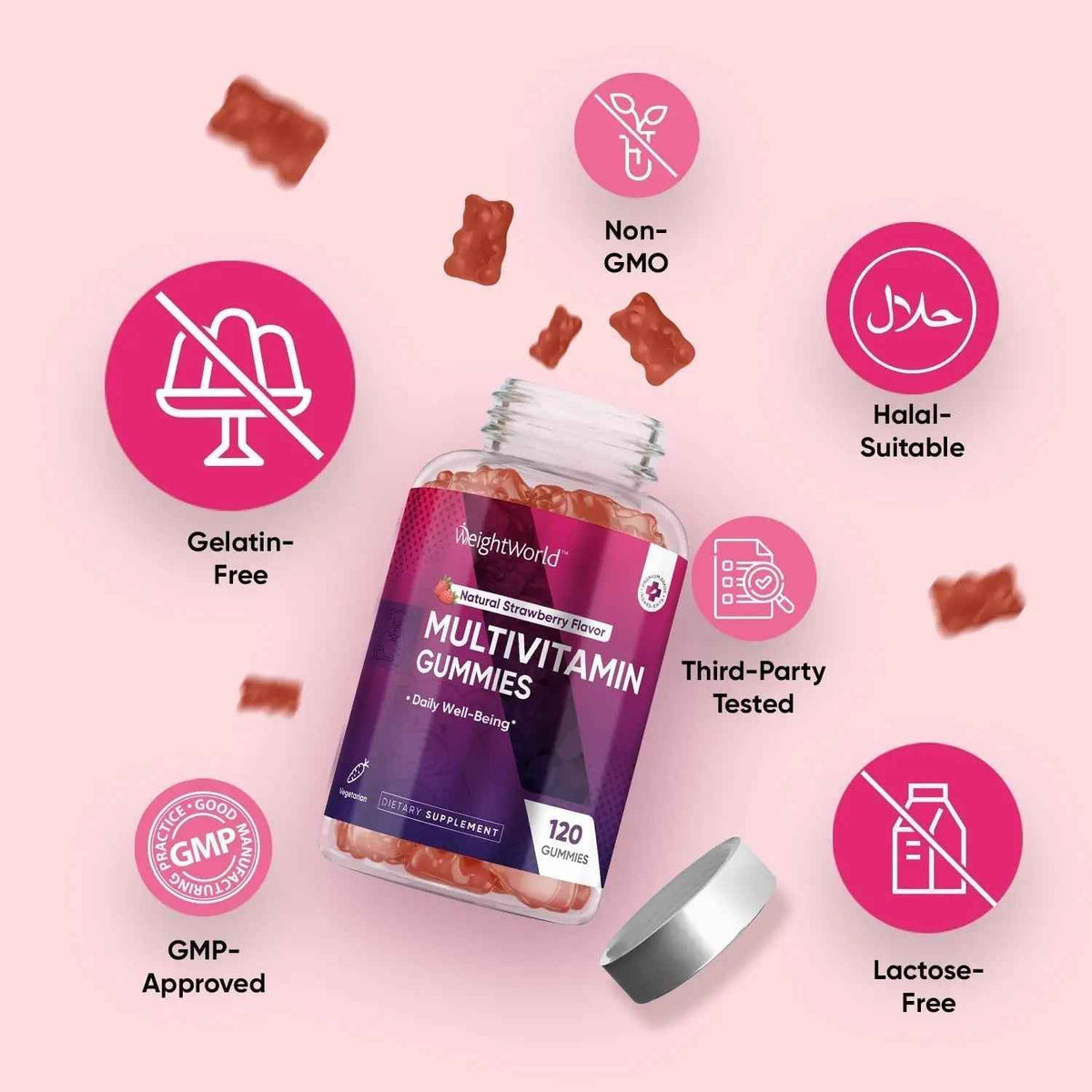 WeightWorld Adult Multivitamin Gummies for Women & Men of All Age - Halal-Suitable with Key Ingredients Like Vitamin A, C, D3, B6, B12 & Biotin