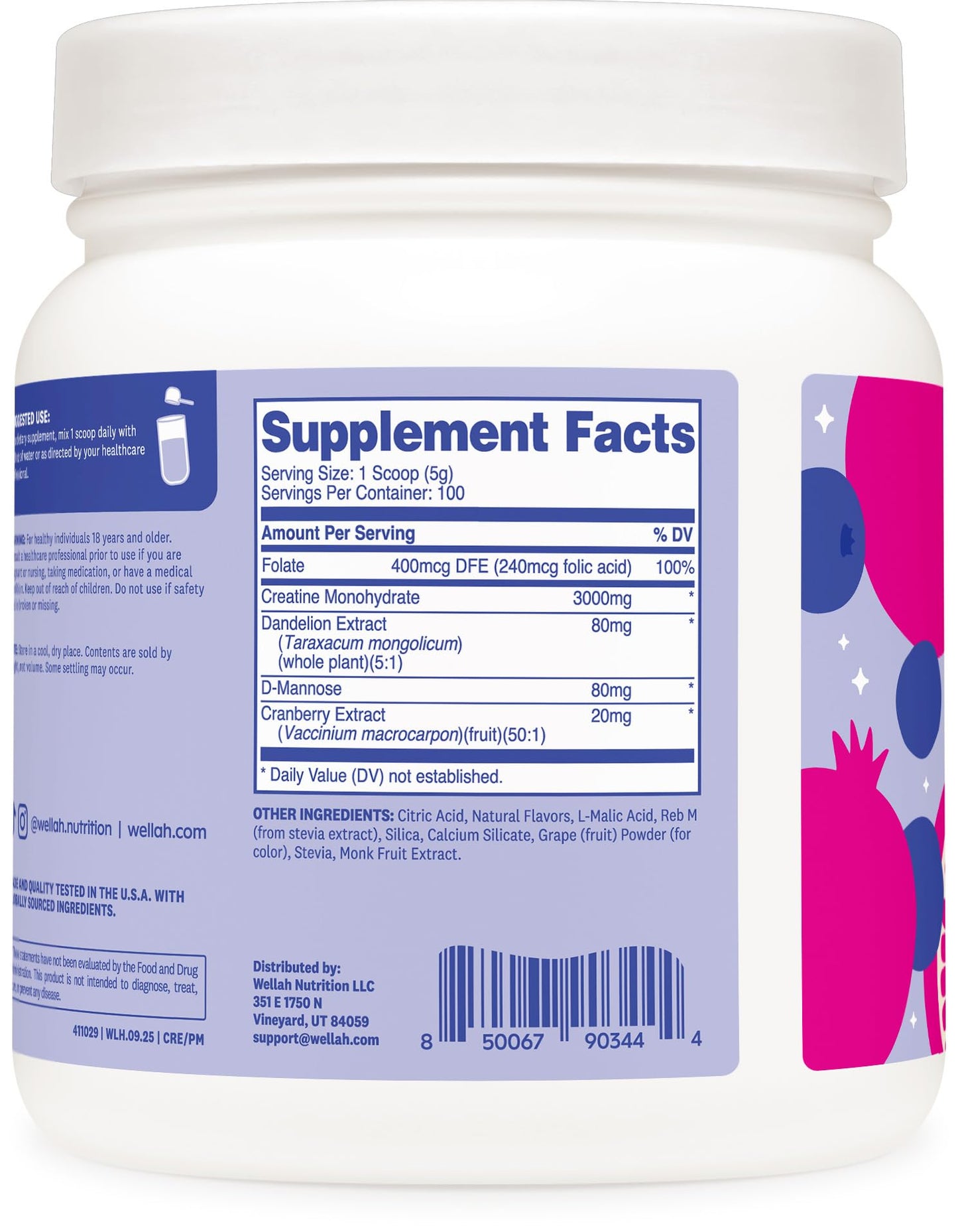 Wellah Creatine for Women - Creatine Monohydrate with Dandelion & Cranberry Extract (50 Servings, Strawberry Lemonade) | Creatine Monohydrate with Dandelion & Cranberry Extract - PrimeBioHealth - canada supplements
