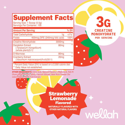 Wellah Creatine for Women - Creatine Monohydrate with Dandelion & Cranberry Extract (50 Servings, Strawberry Lemonade) | Creatine Monohydrate with Dandelion & Cranberry Extract - PrimeBioHealth - canada supplements