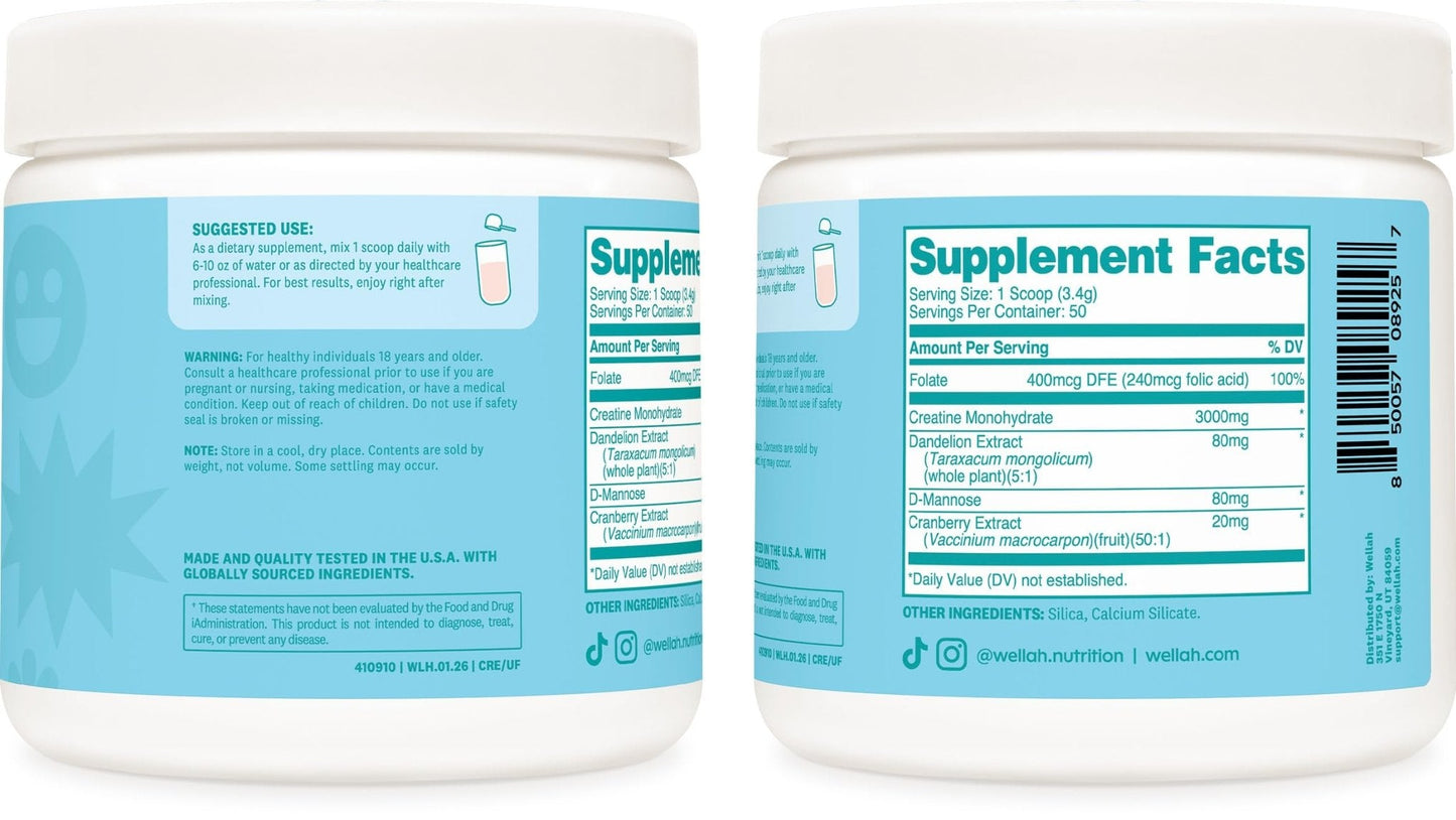 Wellah Creatine for Women - Creatine Monohydrate with Dandelion & Cranberry Extract (50 Servings, Strawberry Lemonade) | Creatine Monohydrate with Dandelion & Cranberry Extract - PrimeBioHealth - canada supplements